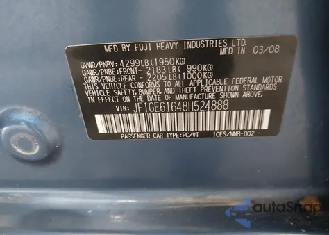 2008 Subaru Impreza 2.5I from USA, damaged, VIN JF1GE61648H524888